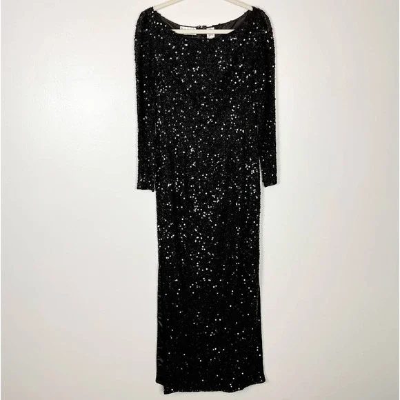 NWT Scala Black Silk Fully Sequin Long Sleeve Maxi Dress Side Slits Size Small - Picture 4 of 14